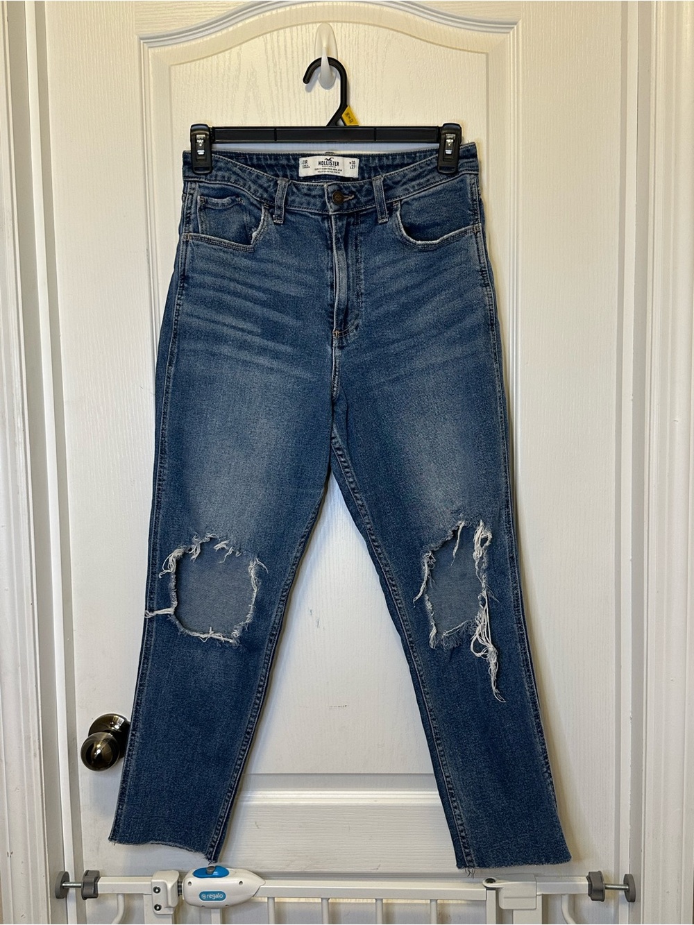 Hollister High-Rise Distressed Mom Jeans in Dark Blue